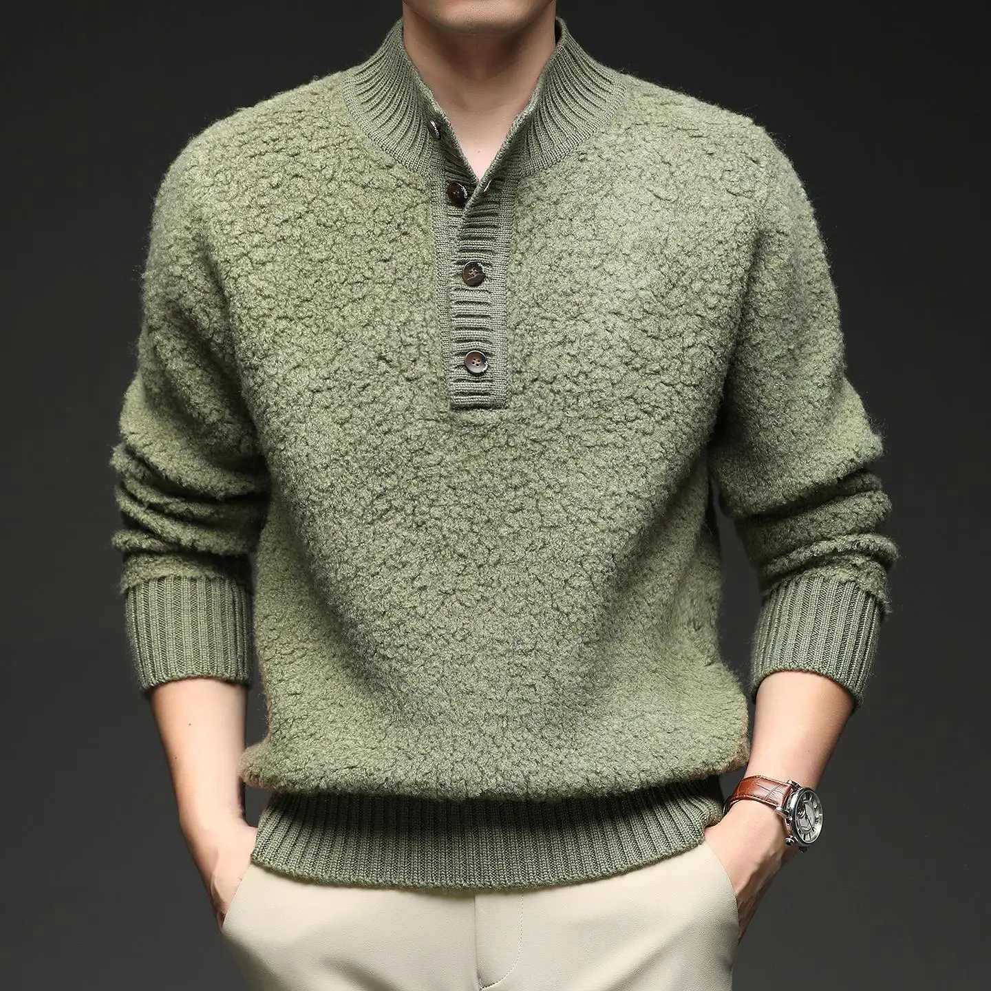 

Новый мужской винтажный свитер из чистой шерсти 2025 года, осенне-зимний, с воротником-стойкой, в корейском стиле, модный, теплый, базовый слой, вязаная кофта