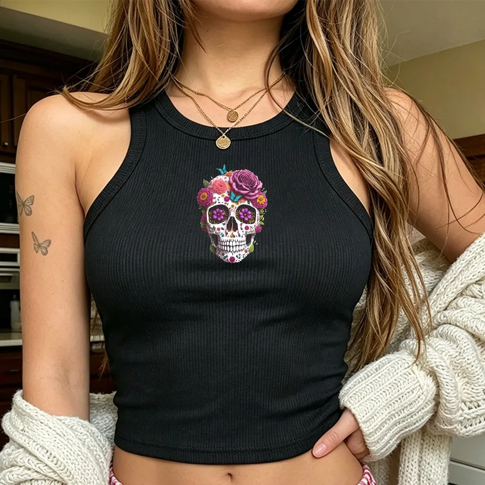 Floral Sugar Skull Rose Flower Graphic Sleeveless Gothic Day of The Dead Women Vest Punk Streetwear Going Out Vest