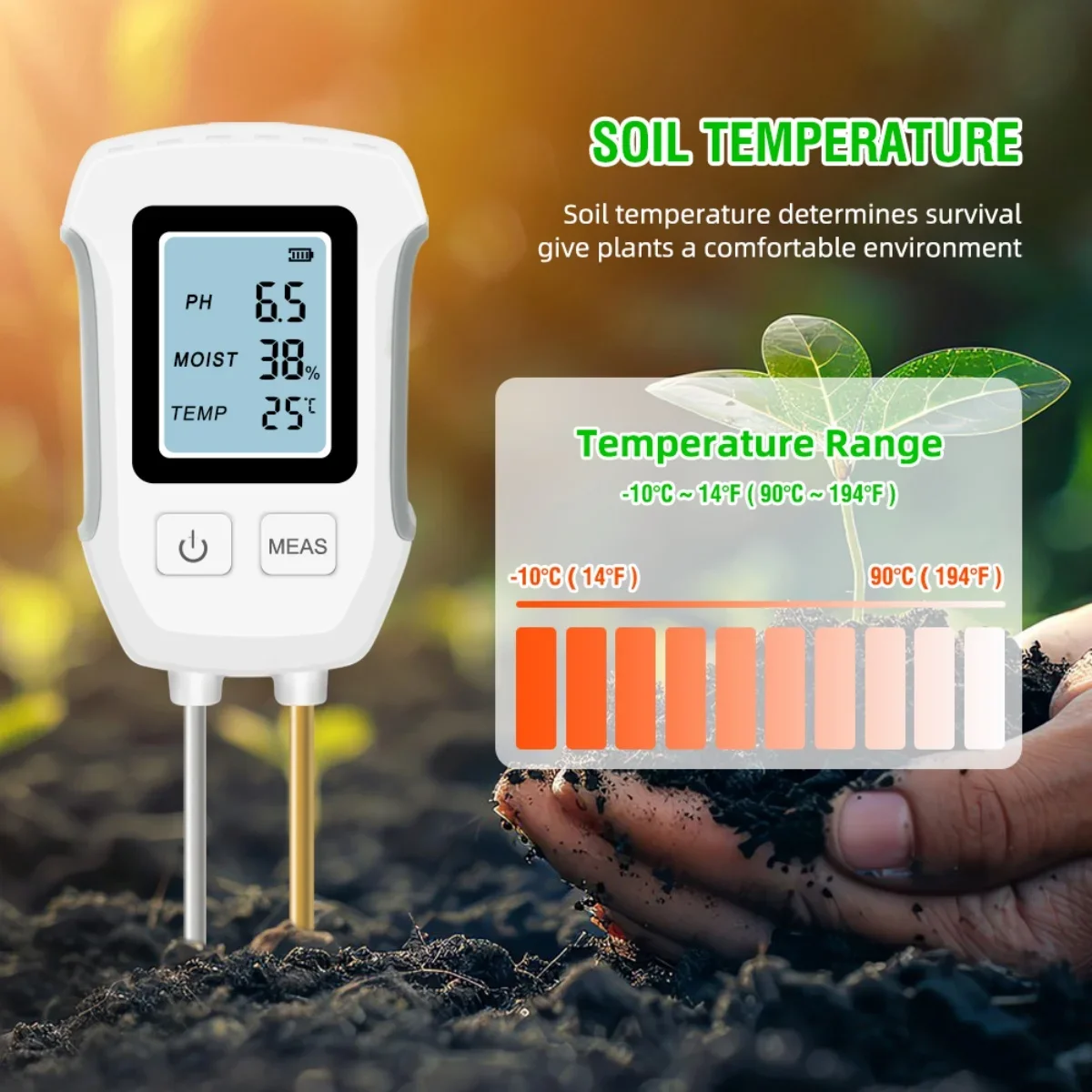 Treasure Hunter 3 in 1 Soil PH Detector Tester LCD Screen Temperature Moisture Meter For Gardening Flower Potted Plantation