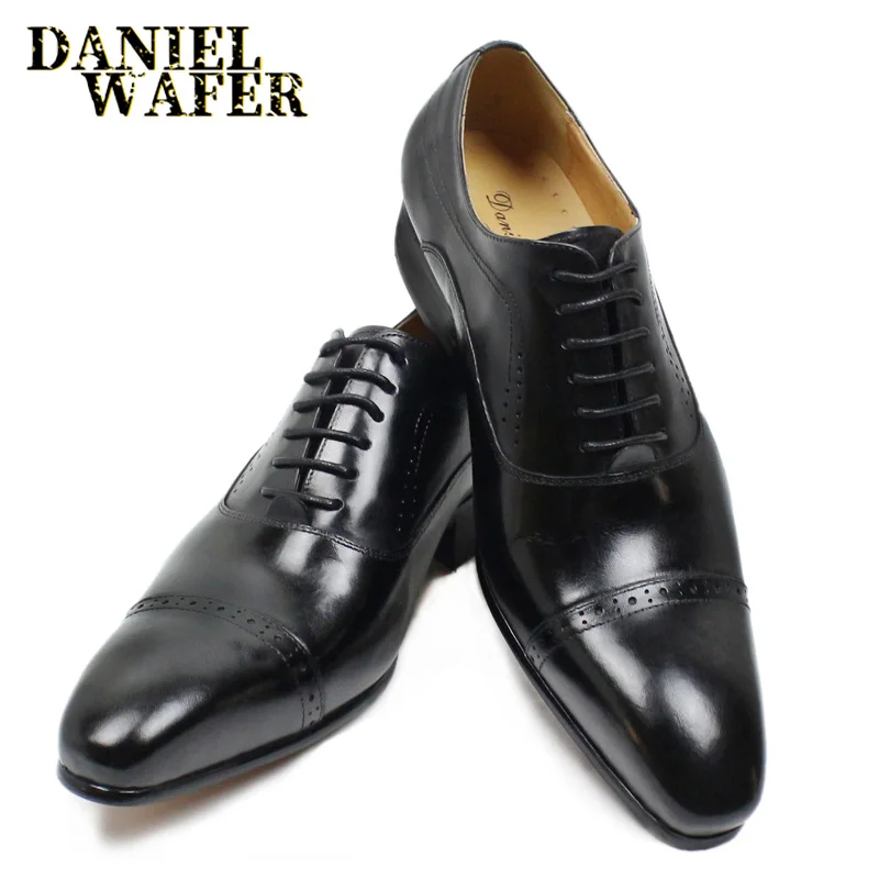 Classic Style Formal Men\'s Oxford Shoes Lace Up Pointed Cap Toe Brogue Casual Office Wedding Dress Genuine Leather Shoes for Men