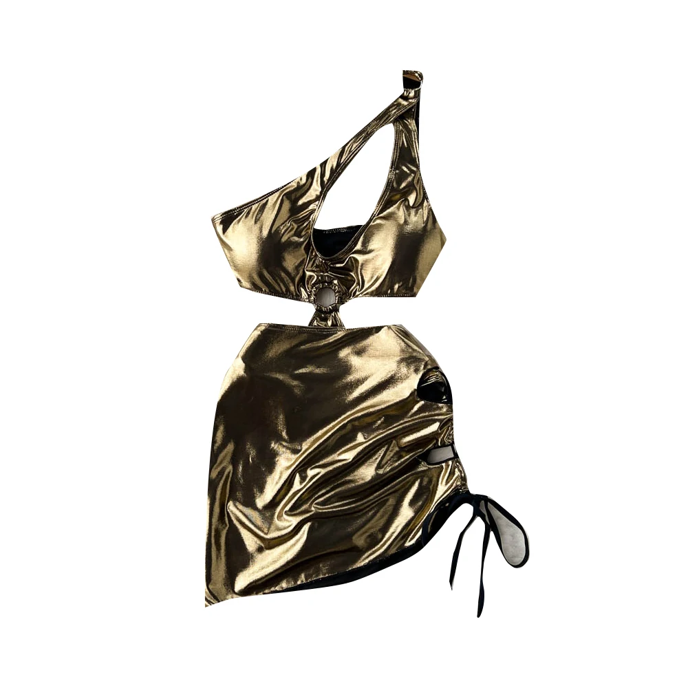 

Summer Sexy Spicy Girl Single oulder Hollow out Ne High Split Strap Onesie + Butt ort Skirt Satin Two-Piece Set Trendy