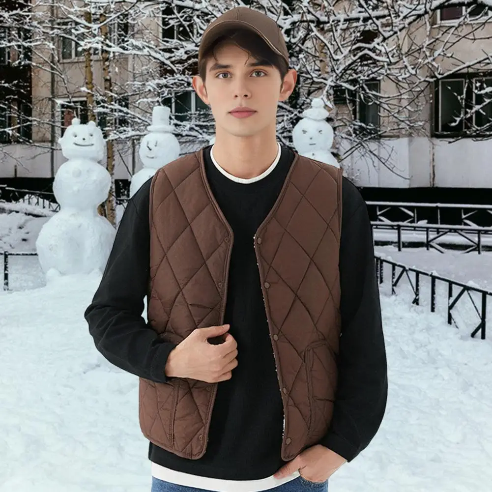 Men Winter Waistcoat No Collar Single Breasted Solid Color Waistcoat with Pockets Thickened Velvet Lining Vest Coat