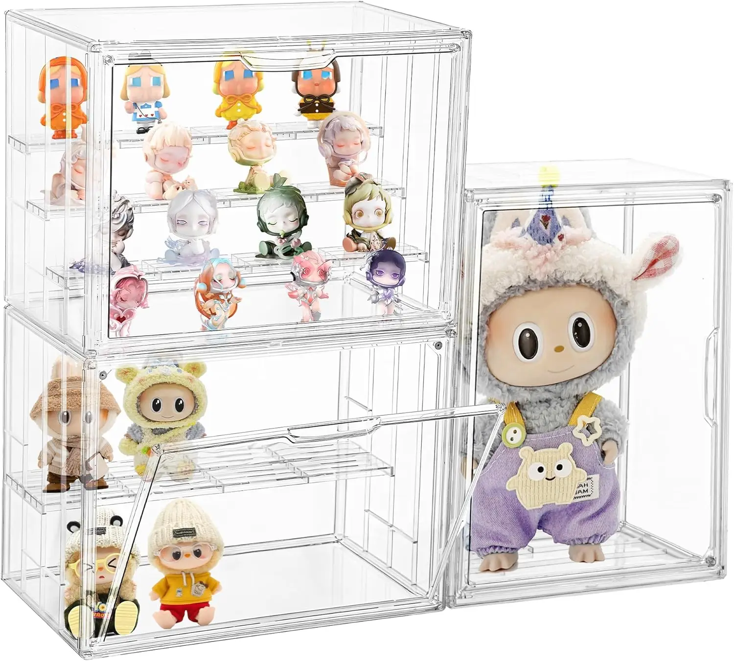 

4-Tier Acrylic Display Case for Collectibles, Clear Storage Box with Adjustable Dividers & Magnetic Door, 3 Pack