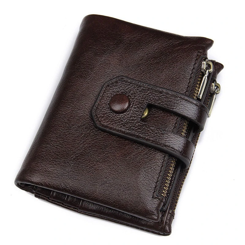 Cartera de cuero genuino con cremallera para hombre, RFID, antirrobo, cepillado, piel de vaca, múltiples tarjetas, bolso para cupones cortos