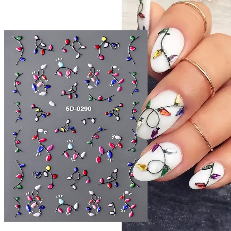 1枚入り 5D エンボス加工 クリスマスライト ネイルアートステッカー ホリデーネイルデカール ネオン＆パステルカラー お祝い DIY ネイル用品