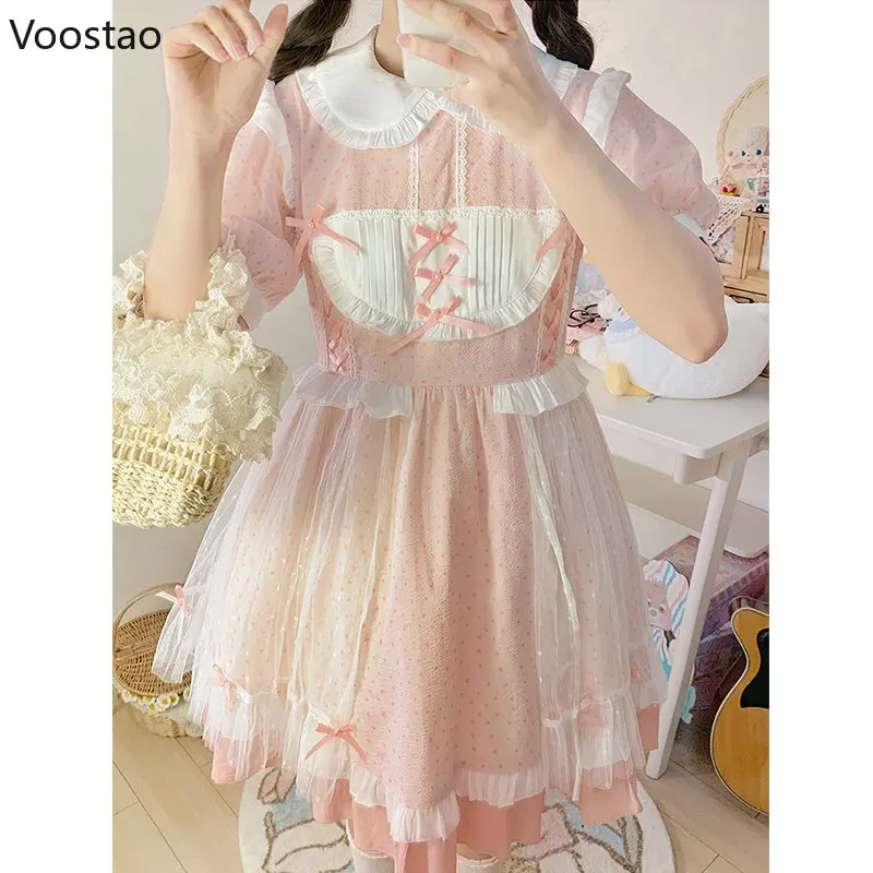 Japanese Kawaii Lolita OP Dress Women Sweet Peter Pan Collar Wave Point Print Mesh Party Dresses Girls Cute Puff Sleeve Dress