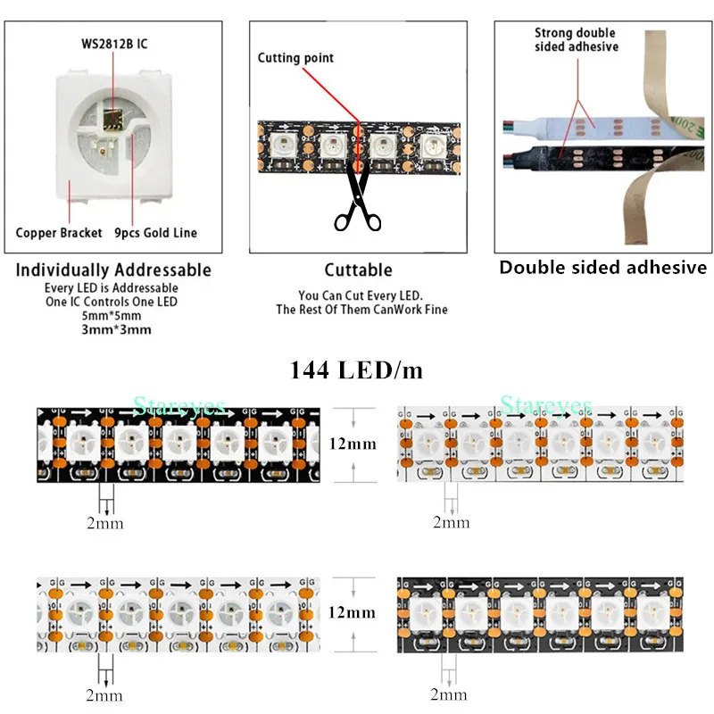 1 sztuka magiczny kolor SMD 5050 1m WS2812B DC5V 144 led/m listwy RGB LED indywidualnie adresowalny cyfrowy IC taśma LED sznur oświetleniowy