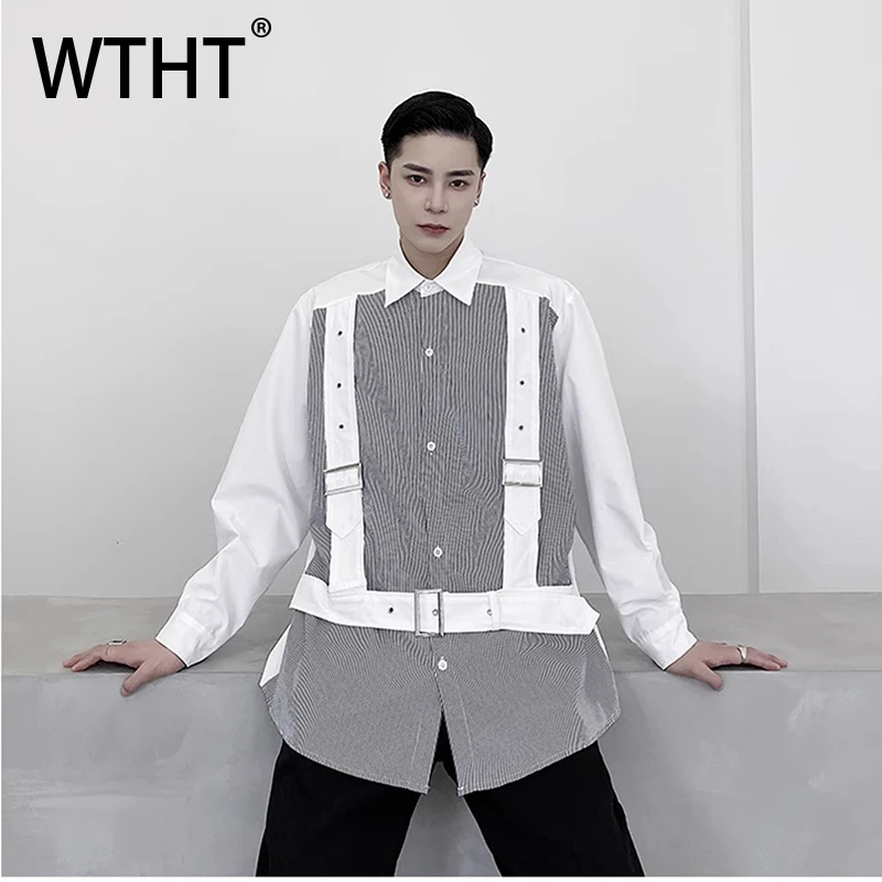 

WTHT модные мужские полосатые рубашки контрастного цвета с повязками, модные однобортные рубашки с длинными рукавами, мужской топ, лето 2029, 2A1154