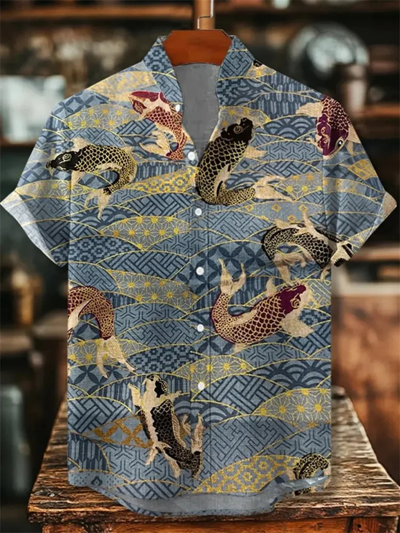 New Gilded Tiger Lucky Cloud Printed Short Sleeve Shirt Black Texture Men's Street Personalized Short Sleeve Top