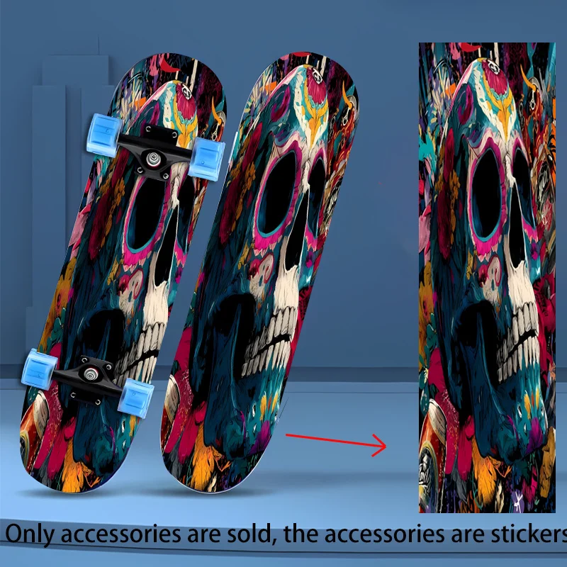 

2D flat skull graffiti sticker, suitable for scooters, skateboards - removable plastic decal, containing colorful graffiti art