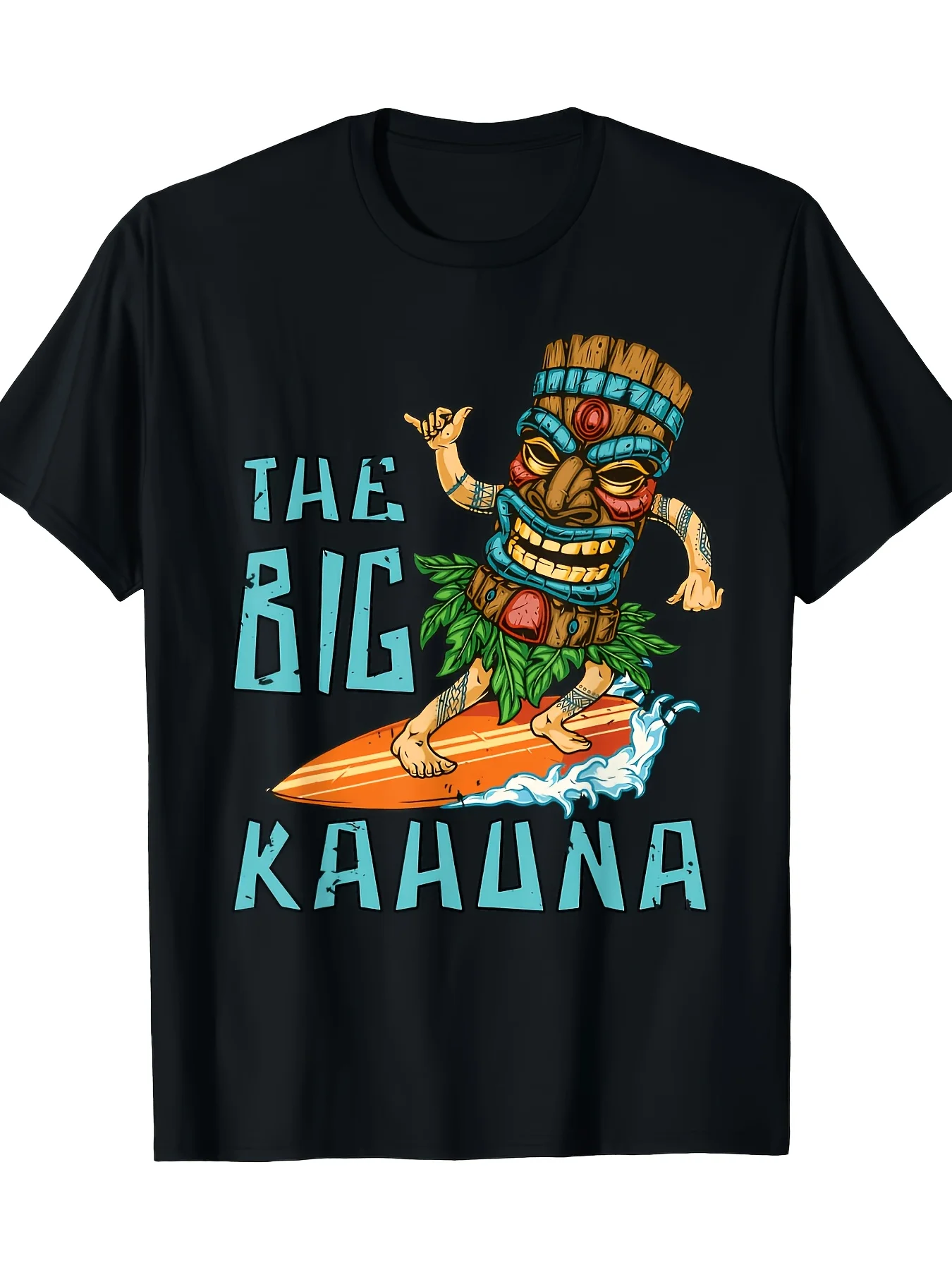 Hawaiian Tiki Big Kahuna Surfer T-Shirt - Funny Tropical Hawaiian Shirt with Tiki Mask  Surfboard,  Round Neck Casual Beachwear Suitable for Fathers Day Gifts, Hawaiian Luau Parties, Year-Round Outfit
