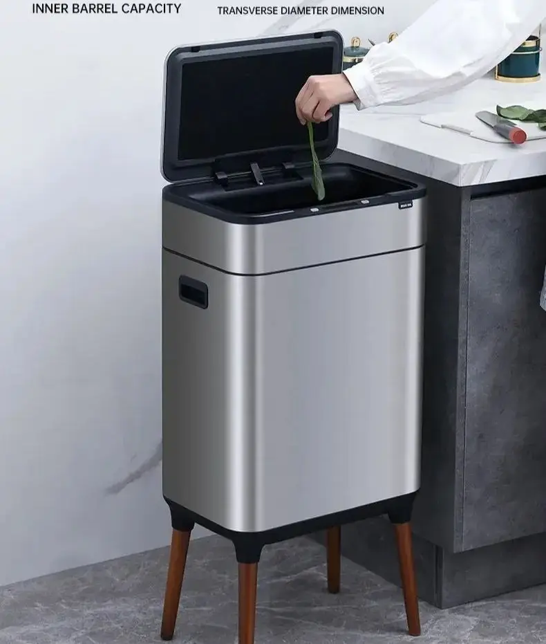 20-liter Trash Can with Leg ABS+Stainless Steel Smart Sensor Trash Can 9L 13L 18L 26L 30L Large Capacity Kitchen Bin Garbage Can