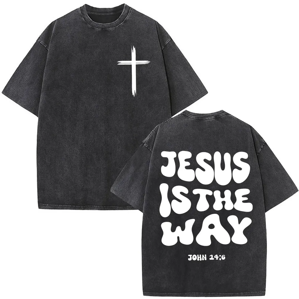 

Washed Vintage Christian Jesus Is The Way Bible Verse T-shirts Men Women Fashion Casual Cotton Short Sleeves Oversized T Shirts