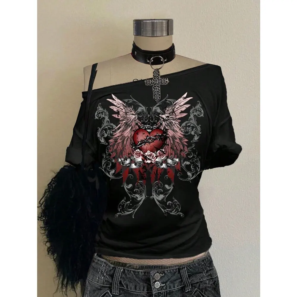 

Europe and America 2025 new slanted shoulder T-shirt printed with love wings cartoon fashion top loose punk goth Y2K