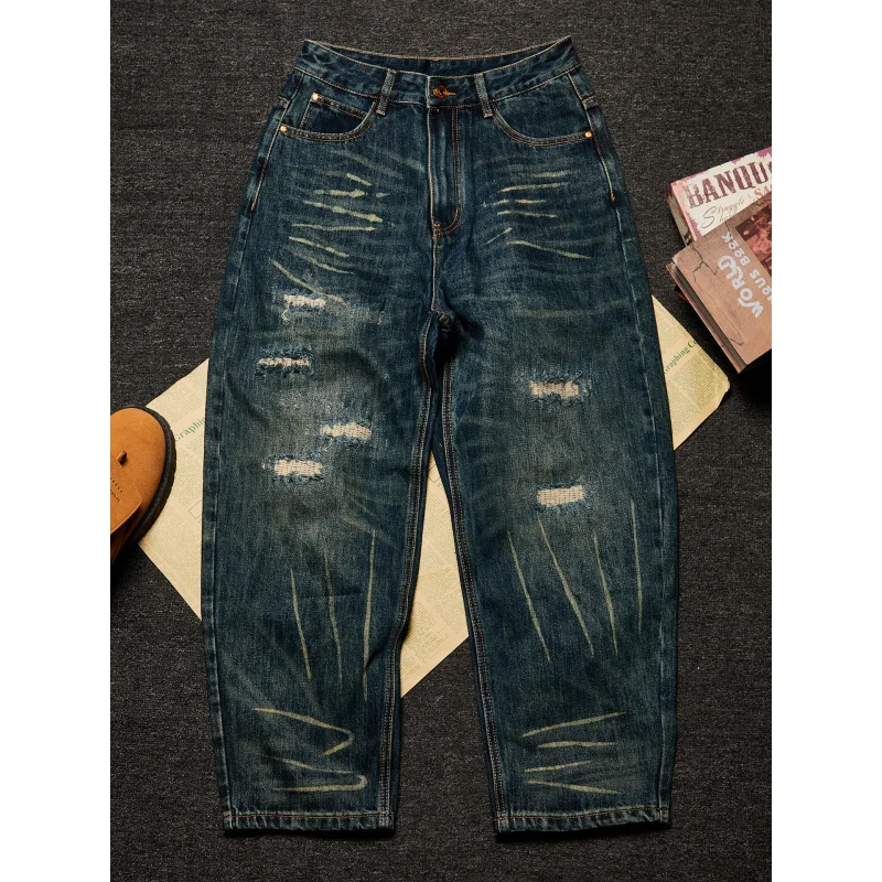 

Men's American Vintage Washed Ripped Jeans, Loose Wide Leg Blade Cut Denim Pants, Street Style Fashion Trousers For Spring