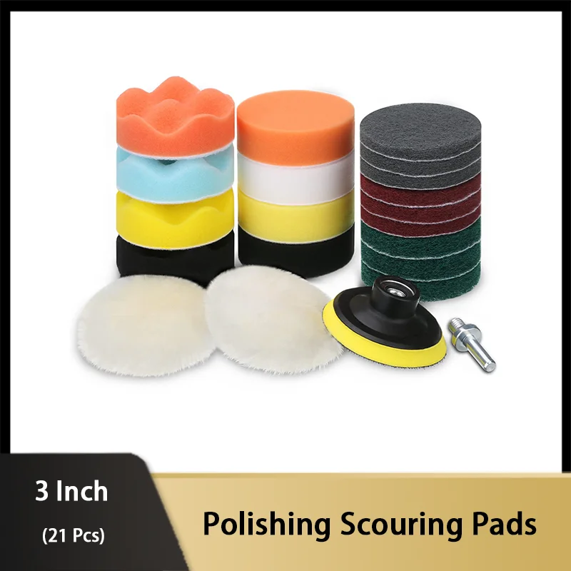 21 Pcs Polishing Scouring Pads 3 Inch with Wool Buffing Pad Sponge Polishing Pads and Drill Adapter for Sanding Polishing Waxing