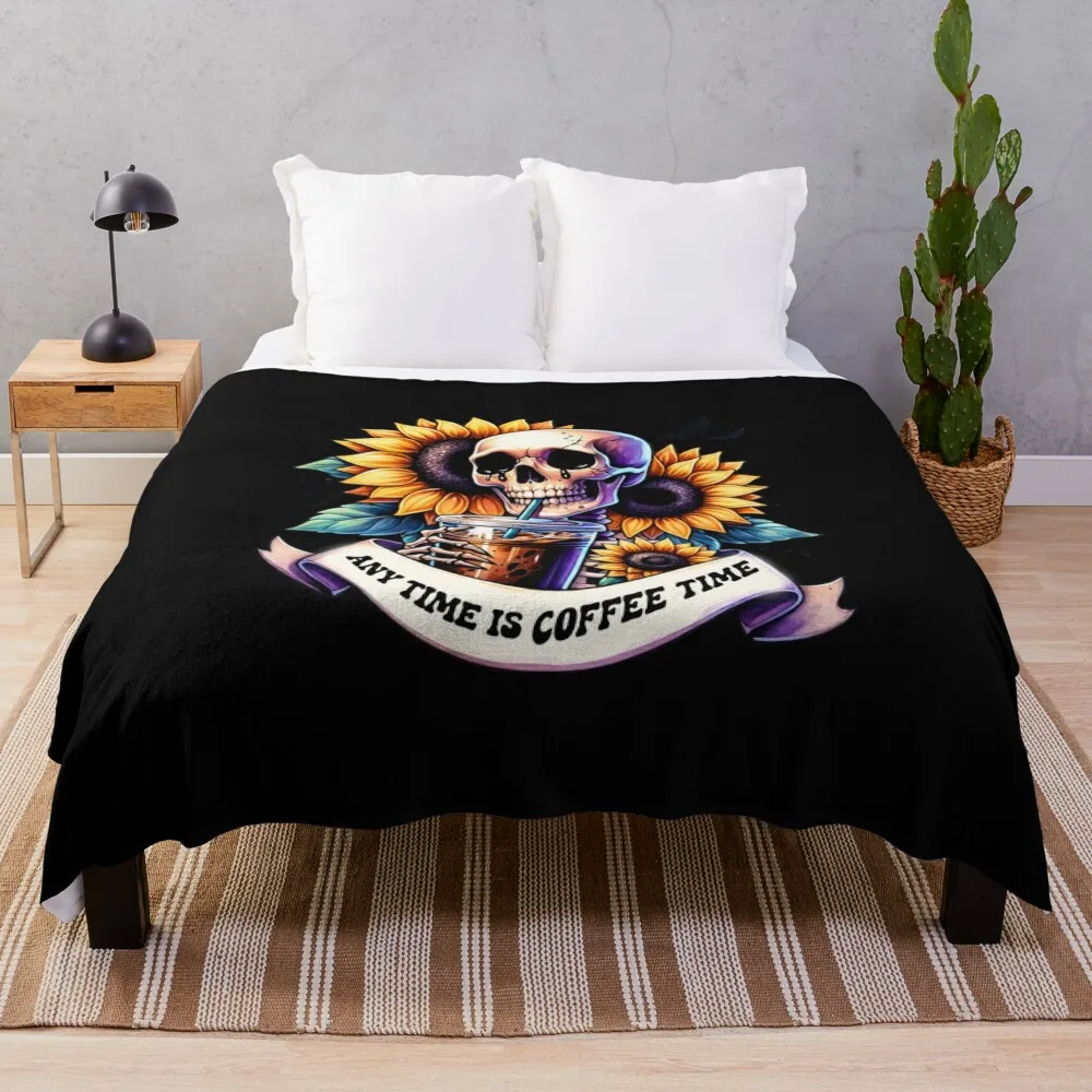 

Any Time is Coffee Time – Skeleton with Iced Coffee & Sunflowers Design for T-Shirts, Mugs, Stickers & More Throw Blanket