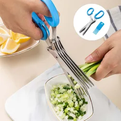 5 Layers Stainless Steel Kitchen Scissors Multifunctional Knives Scallion Cutter Herb Laver Spices Cook Cut Slicer WIth Brush