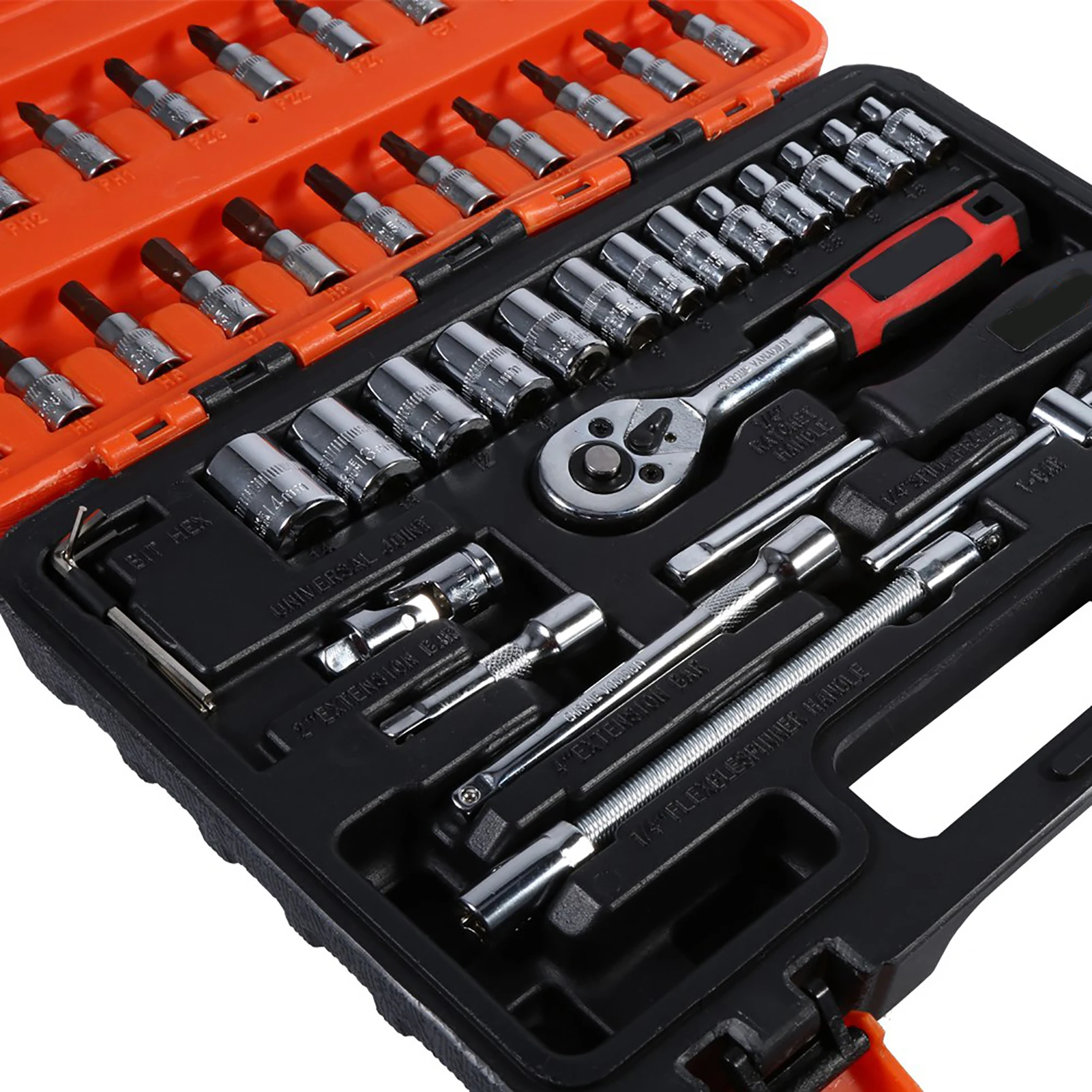 Set Kunci Soket 46 pcs 1/4 inci dengan Batang Ekstensi Metrik, Kotak, dan Ratchet
