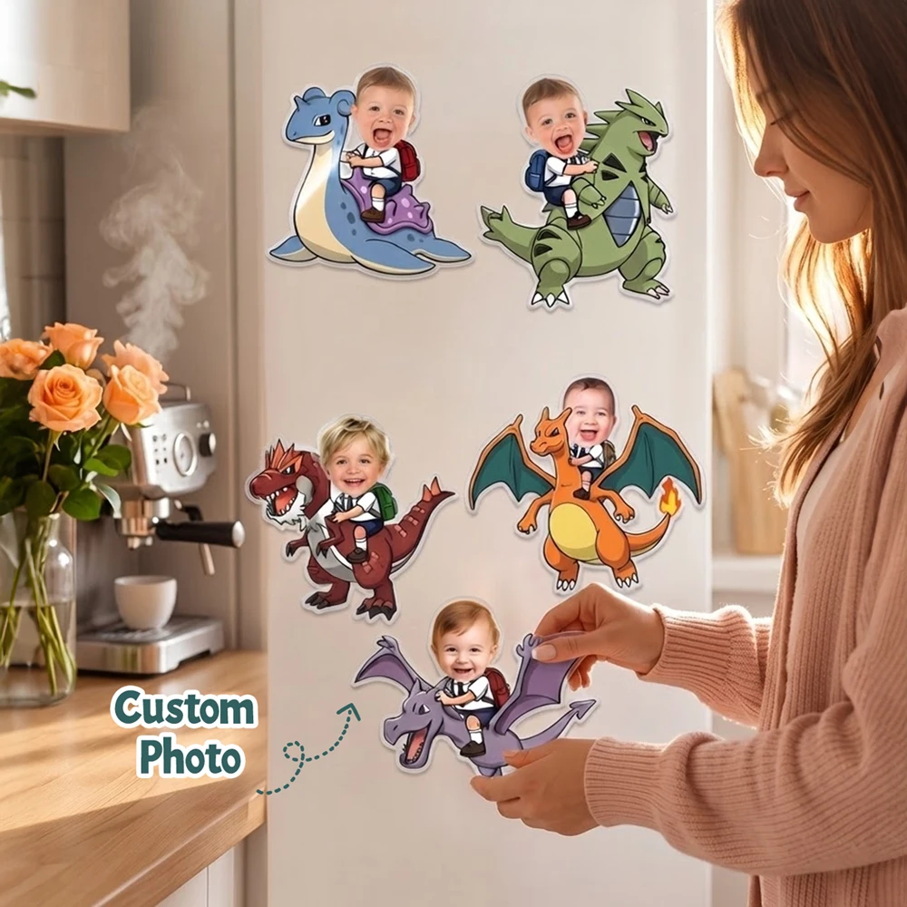 custom photo dinosaur riding acrylic fridge magnet personalized kid face cutout refrigerator magnet home birthday souvenir gift