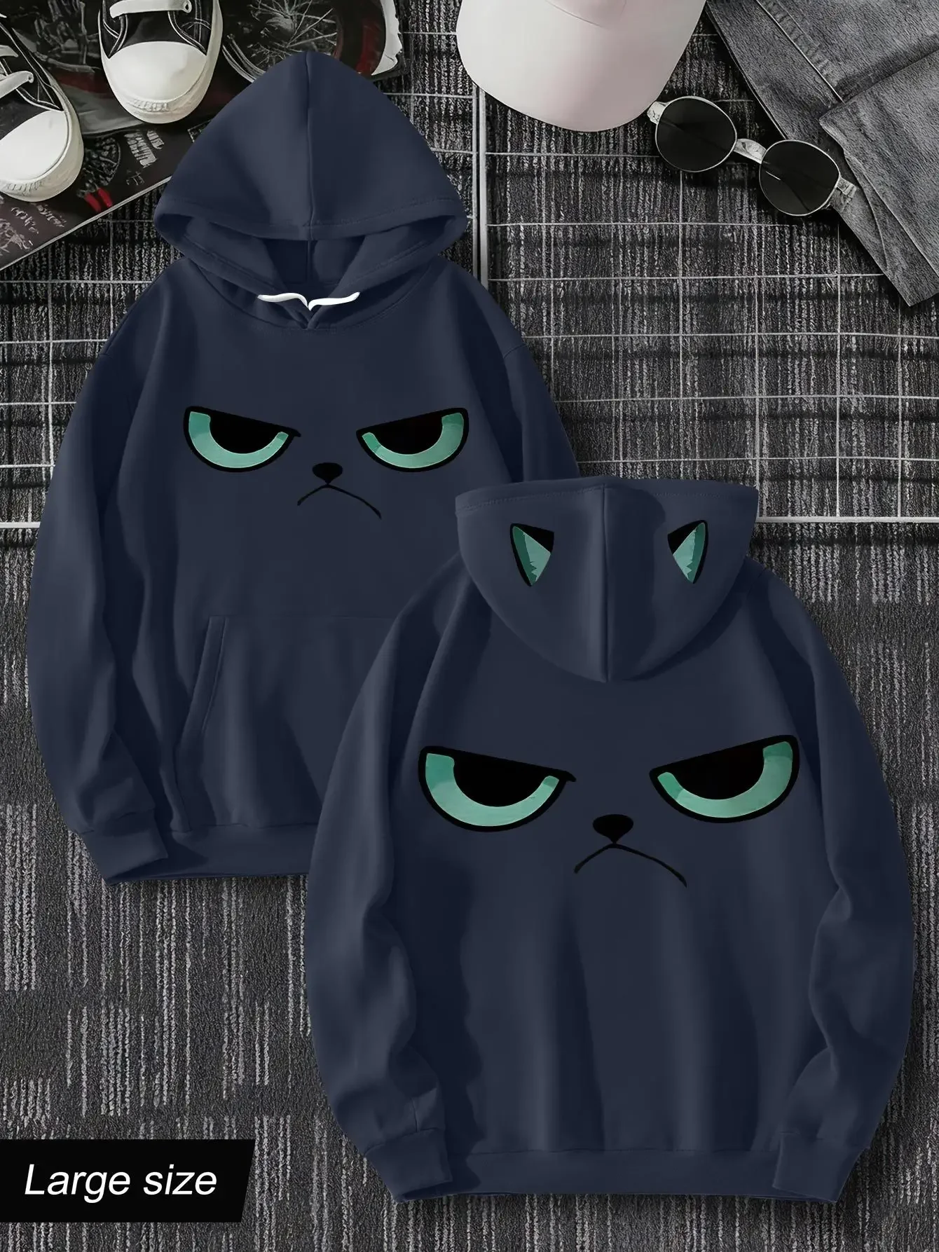 Moody Angry Black Cat Face Graphic Hoodie Hood With Cat Ear Accent Front Back Print Loose Unisex Fleece Pullover Hooded