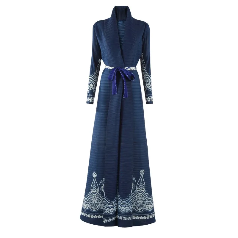 

Abaya Pleated Fashion Printed Long Trench Coat Loose Plus Size Long Sleeve Stretchy Robe Middle East Women Conservative Clothing