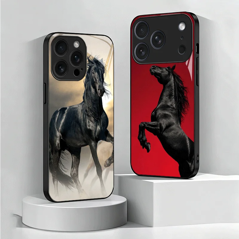 Black Horse Galloping Tempered Glass Phone Case for Samsung Galaxy A17 A16 A15 A14 A13 A57 A56 A55 A54 A53 A37 A36 A35 A34 A33 A