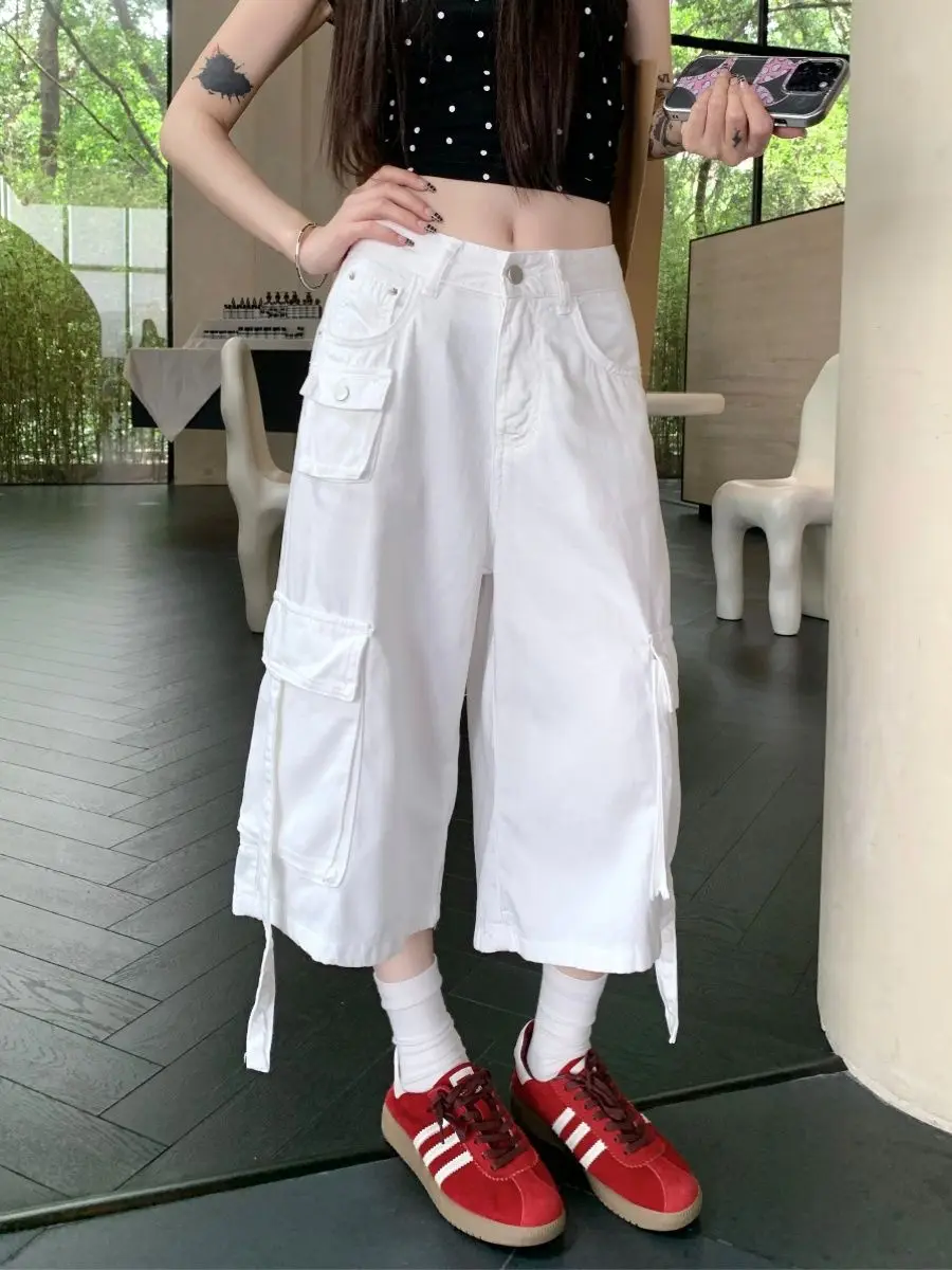 Cargo Pants Pocket White High-Waisted American Retro High Street Jeans Women'S Summer Loose Wide-Leg Pants Three-Quarter Pants