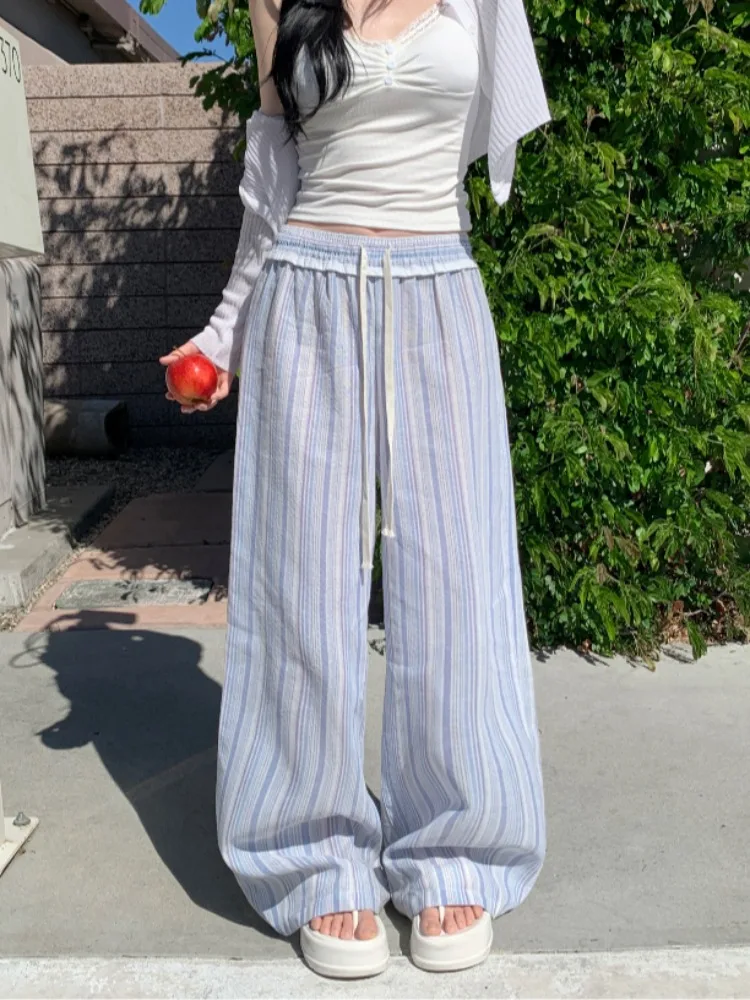 Laid-back Striped Drawstring Elastic Waist Casual Pants Women Summer New Breathable Drape Thin Long Trousers Korean Style