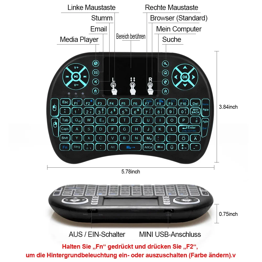 Game 2.4G Wireless Keyboard Air Mouse Touchpad Arabic French Spanish Russian Backlit Mini Wireless Keyboard for PC Android TV