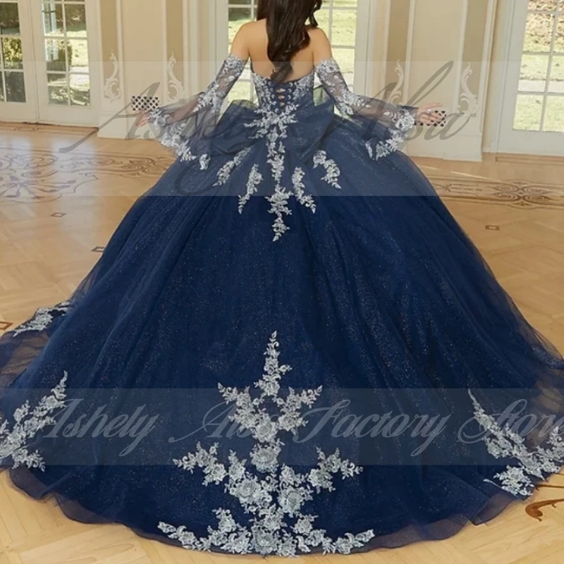 AQ225 Customized Mexican Navy Blue Prom Special Occasion Dresses Lace Applique Women Party Gown Vestido De xv Quinceanera 16 14