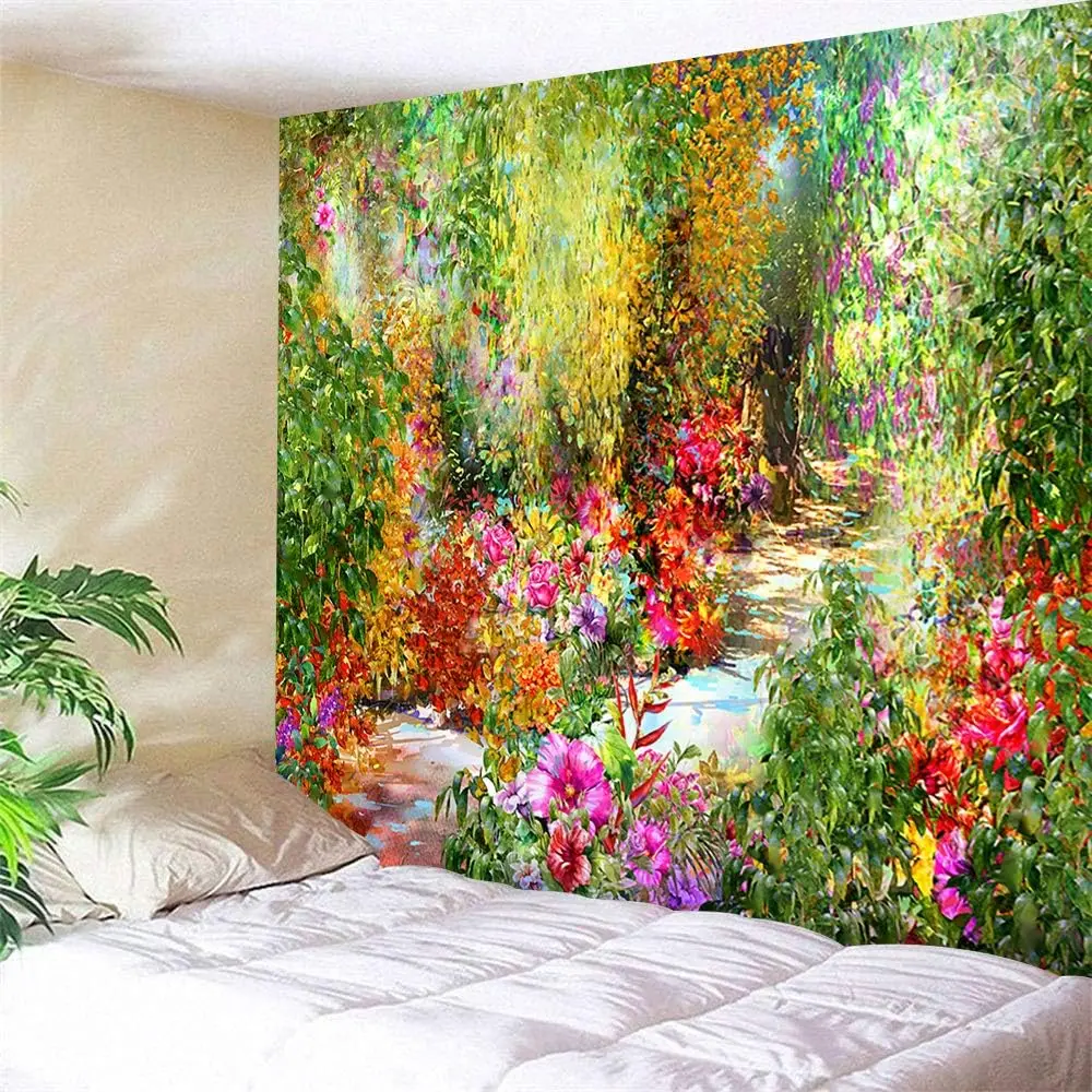 Dreamy Floral Forest Tapestry, Watercolor Garden Path with Multicolored Flowers and Dense Green Foliage Wall Art for Aesthetic
