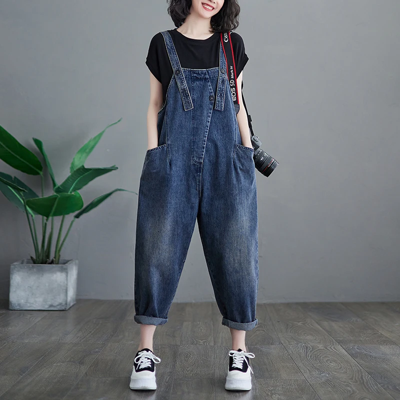 

Faionable Loose Women's Denim Overalls Design Sensation Small ence Spring Autumn Long Pants Deep Color 25-29 Years Old