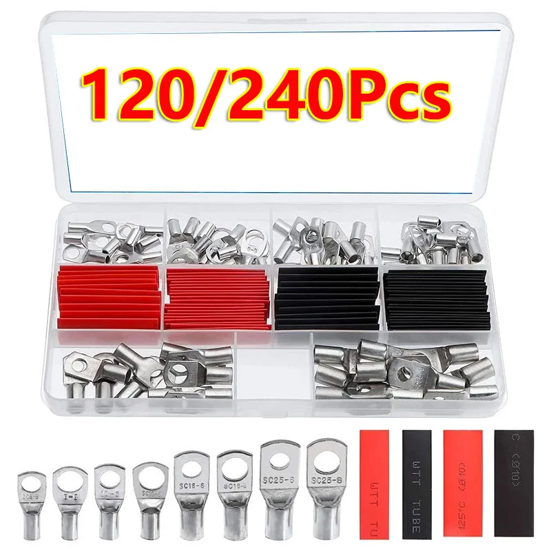 120/240Pcs Car Copper Ring Lugs Terminals Heat Shrink Tubing Wire Battery Connectors Cable Lug Pc Electrical Shrinkable Tube DIY