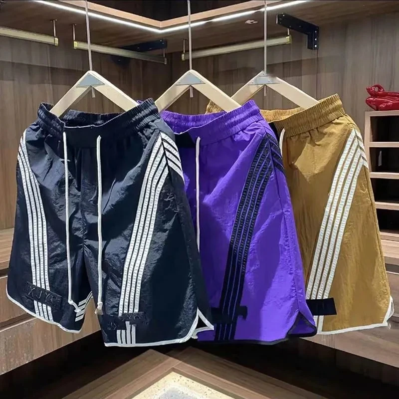 New Summer Shorts Men's Striped Quick-drying Sweatpants Loose Ice Silk Breathable Beach Pants   Fashion Letter Sports Shorts Man