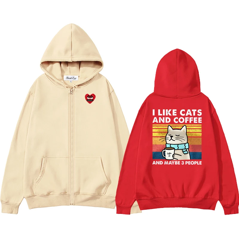 

I Like Cats and Coffee Printing Men Women Zipper Hoodie Cool Snag Heart Embroidery Polyester Pocket Loose Thin Autumn Sweater