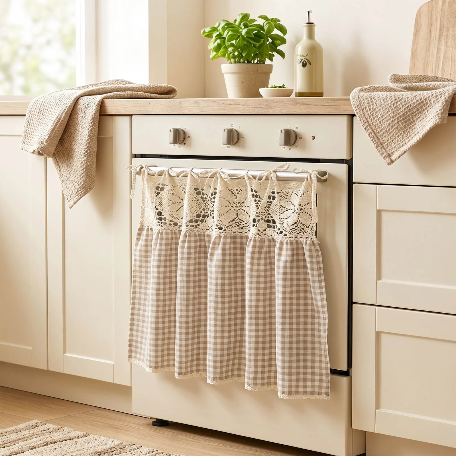 Vintage Oven Curtain Skirt with Lace Trim for Kitchen Appliance Decor Oven Curtain Oven Skirt Stove Curtain Oven Door Curtain