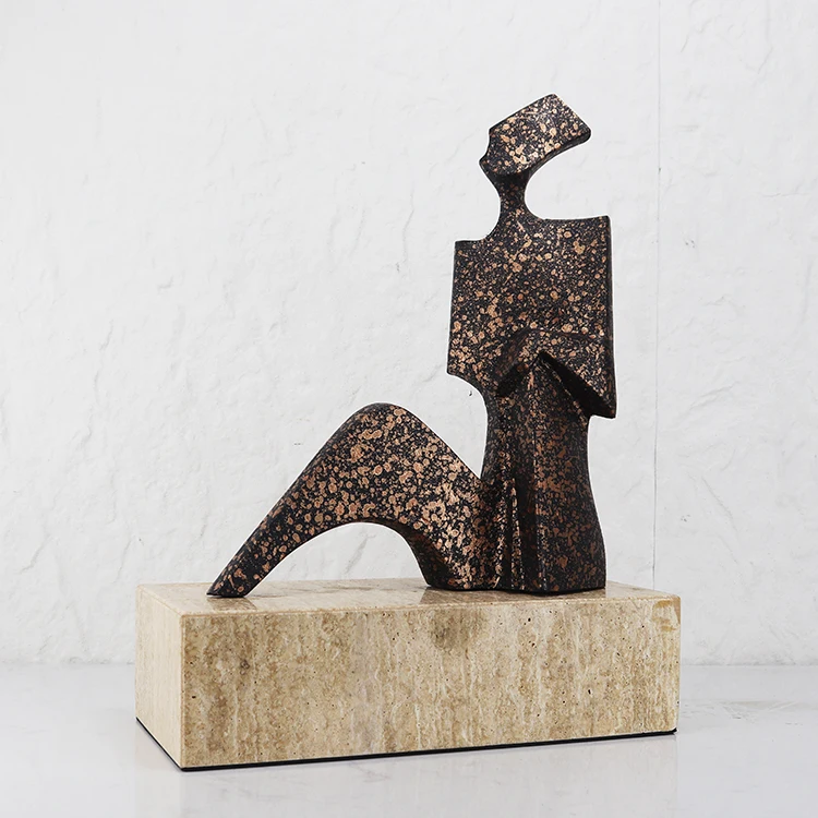 Speckled Bronze Abstract Sitting Figure Sculpture Metal Craft Travertine Base Hotel Desktop Ornament Luxury Decor Accessories