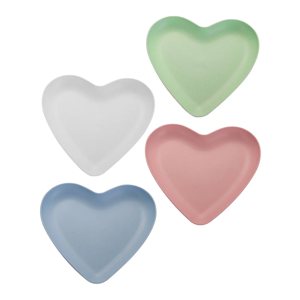 

4pcs Heart Shape Unbreakable Food Plate Wheat Straw Material For Kitchen Dessert Serving Home Restaurant Party Snack Fruit Tray