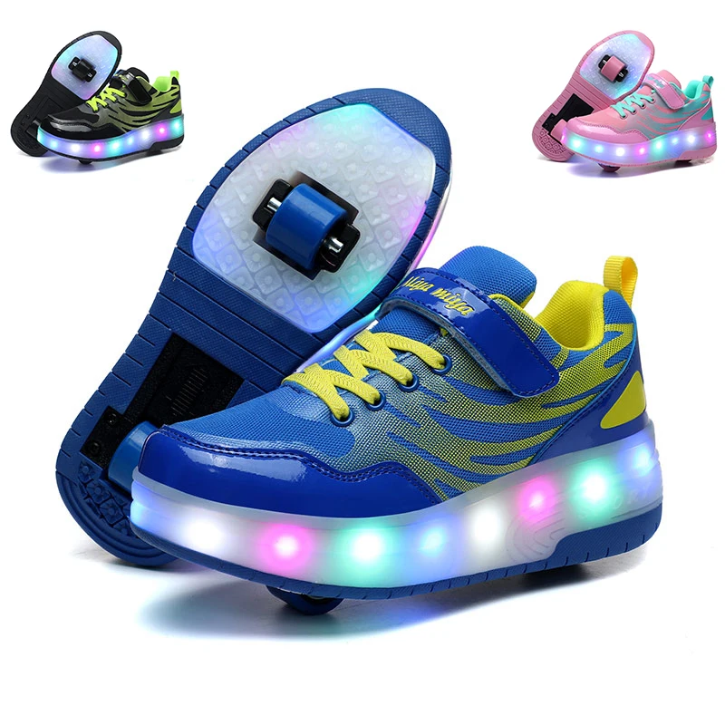 Outdoor Street Flashing Roller Skate Shoes Kids Boys Girls USB Charging LED Shoes Children Leather Luminous Two Wheels Sneakers