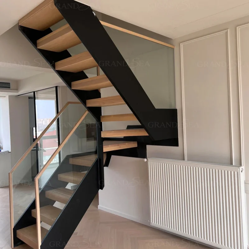 custom.Modern Indoor Straight Stairs Floating Iron and Steel Staircase with Wood Tread and Glass Railing and Apartment