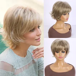 Europe and America Short Wigs For Women Blonde Mix Brown Short Straight High Temperature Synthetic Fiber Daily Hair Cosplay Wigs