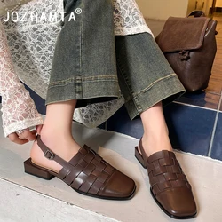 JOZHAMTA Size 33-40 Gladiator Sandals For Women Real Leather Woven Straps Chunky Low Heels Summer Shoes Vintage Daily Work Dress