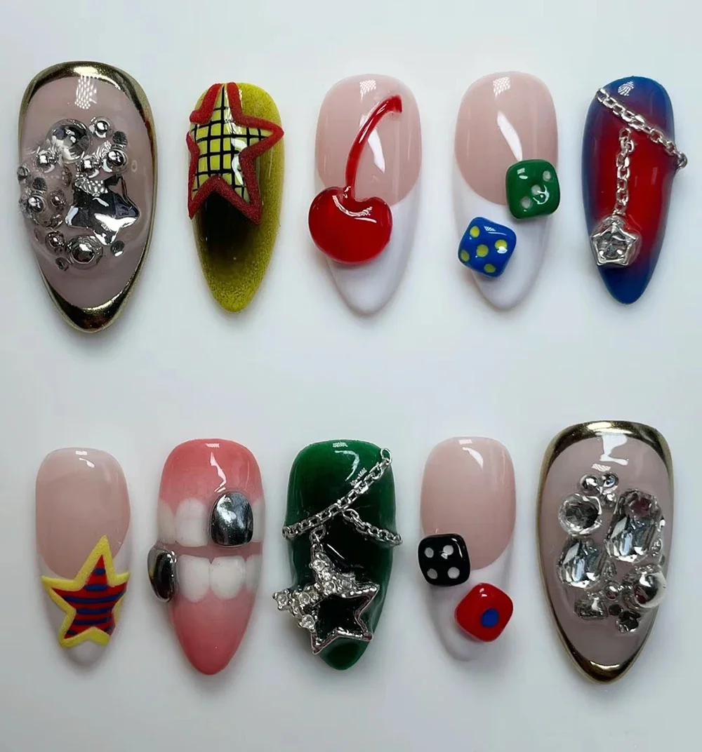 Silver Cool Almond Handwork Press On Nails Art Magic Mirror Powder Mechanical Future Style Bow Star Butterfly Shell Gel Nails
