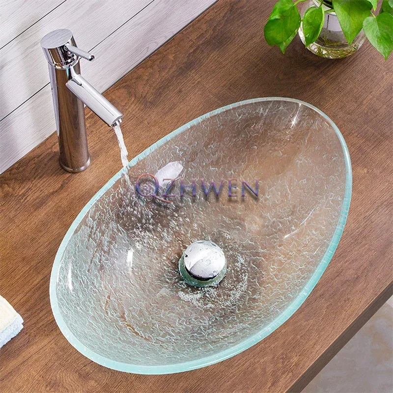 Transparent Matte Crystal Glass Sink Oval Bathroom Washbasin Countertop Art Basin Balcony Hand Wash Pool with Tap 540*360*160mm