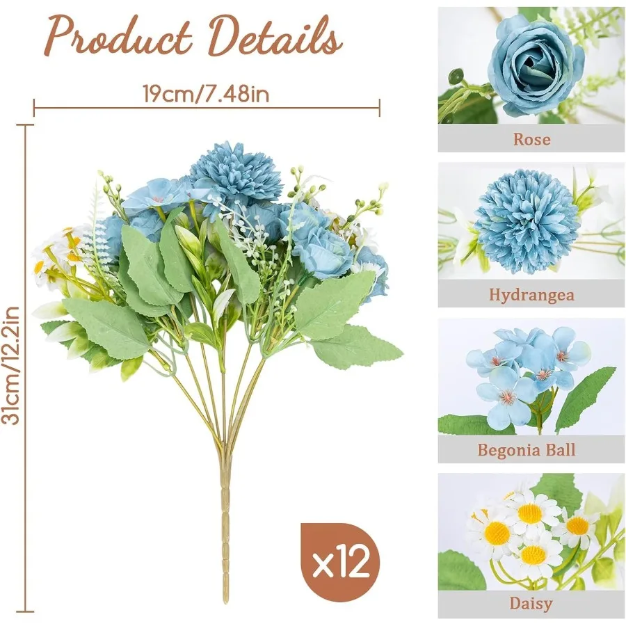 12 حزمة من الزهور الاصطناعية زهرة الورد المزيفة الزرقاء ترتيبات زهور الكوبية المختلطة لطاولة الزفاف ذاتية الصنع