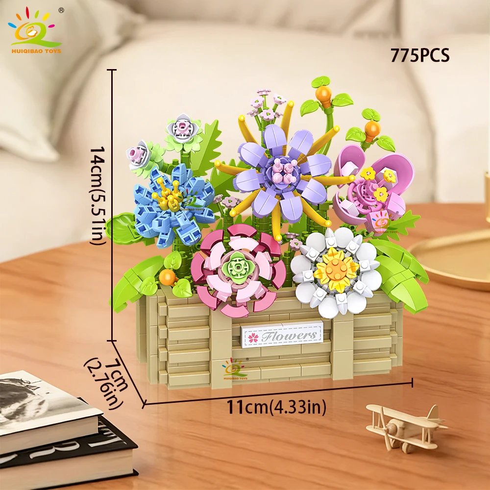HUIQIBAO MOC Rosen-Sonnenblumen-Blumentopf Mikro-Baustein-Set DIY Blumenstrauß-Korb Mini-Diamant-Bausteine Kinderspielzeug Schreibtisch-Deko – Detail 12