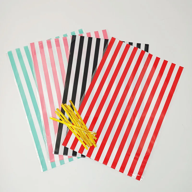 Stripe Packaging Bags Top Open Candy Cookies Gift Plastic Bag Event Party Handmade Storage With Gold Wires Emballage Cadeau