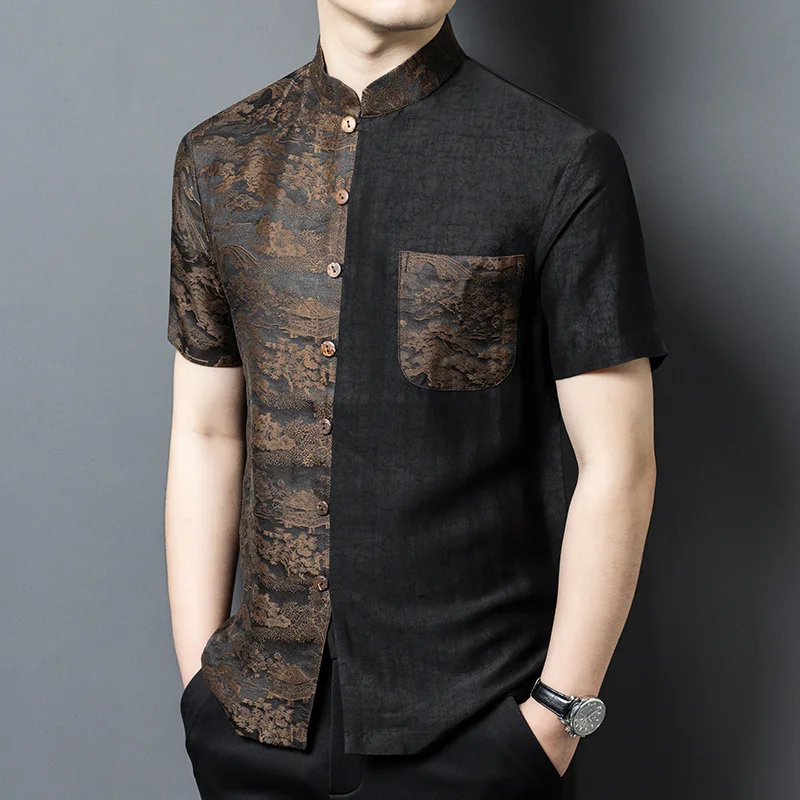 

Real Silk Men's Heavy Crack Xiangyun Yarn Elderly Suit Gambiered Canton Gauze New Chinese Style Thin Short Sleeve Top