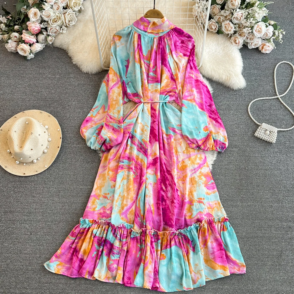 Elegant Chic Puff Long Sleeve Tie Dye Vintage Bow Collar Print A-line Dress Vintage Casual Loose For Women Autumn Maxi Dress